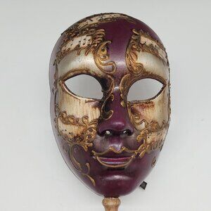 Decorative Venetian Masquerade Mask With Handle Music Note Design Purple & Gold